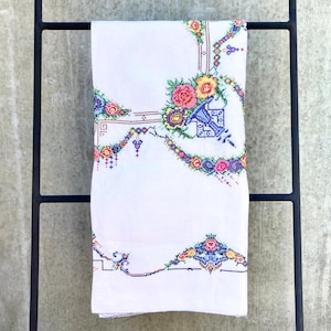 Vintage French Hand-Embroidered Tablecloth, White Square Cotton Tablecloth with Colorful Cross-Stitch Embroideries, Handmade Table Linen