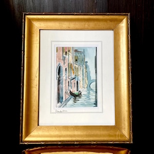 Vintage Italiaans origineel aquarelschilderij van Venetië, ondertekend door kunstenaar, ingelijste kanaalscène van Venetië, origineel kunstwerk uit Italië