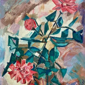 May include: Abstract painting of pink flowers with green leaves on a white background with hints of brown, blue, and purple.