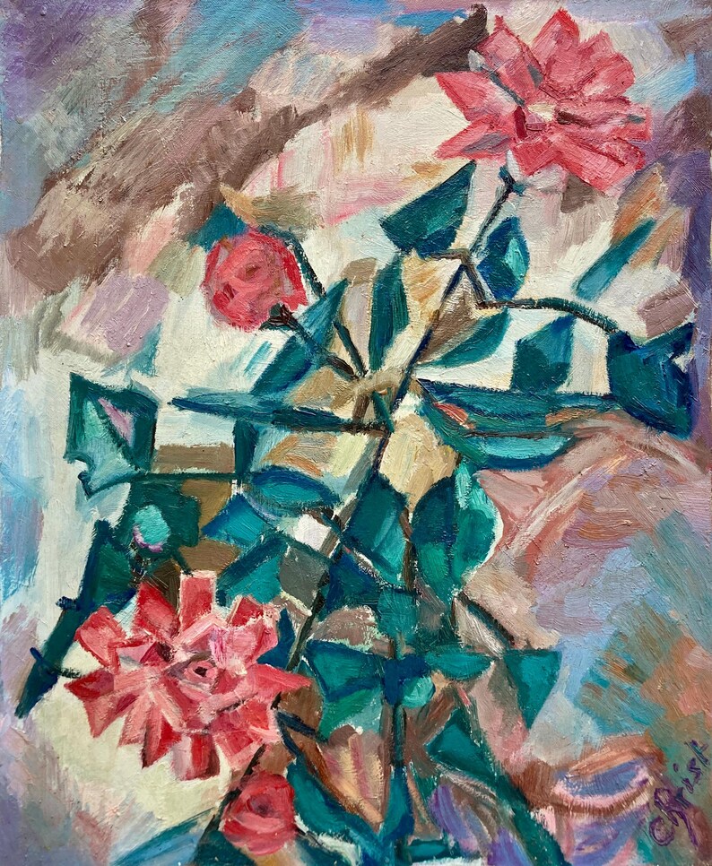 May include: Abstract painting of pink flowers with green leaves on a white background with hints of brown, blue, and purple.