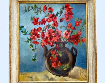 Peinture à l'huile originale française vintage signée par l'artiste, encadrée, nature morte florale colorée, coings en fleurs rouges sur fond bleu