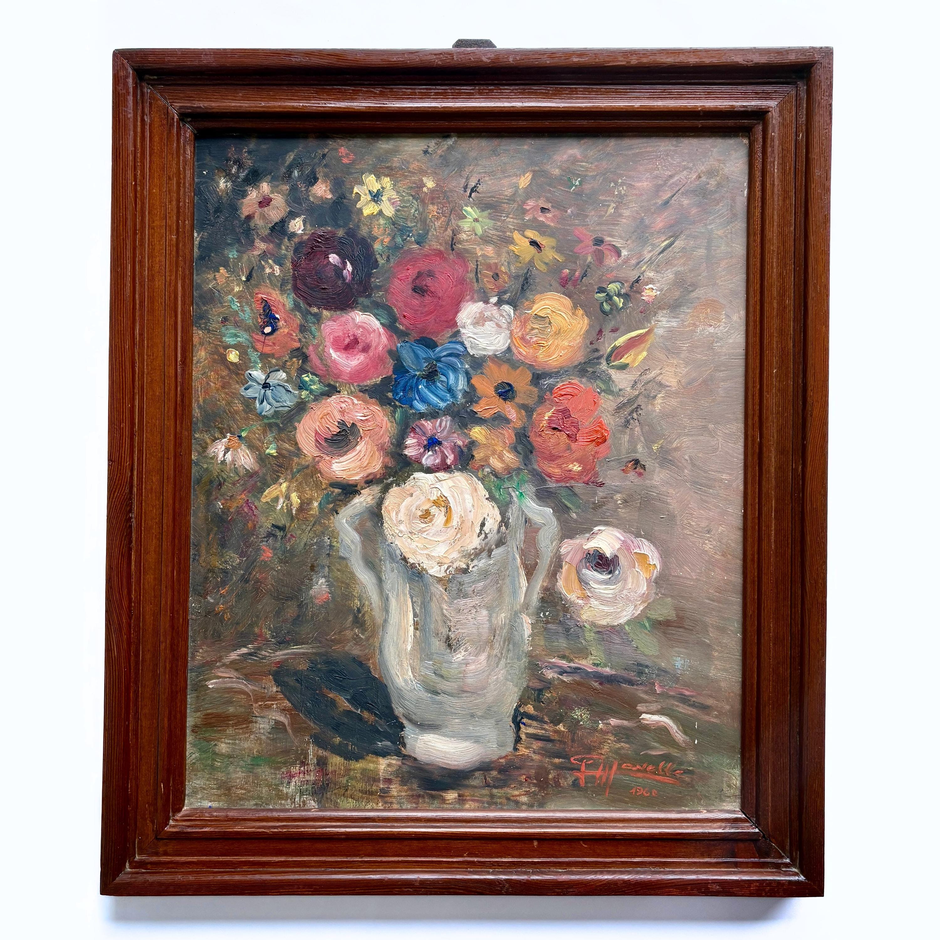 大型ヴィンテージフランス製オリジナル油絵：1960年代、額入り、サイン