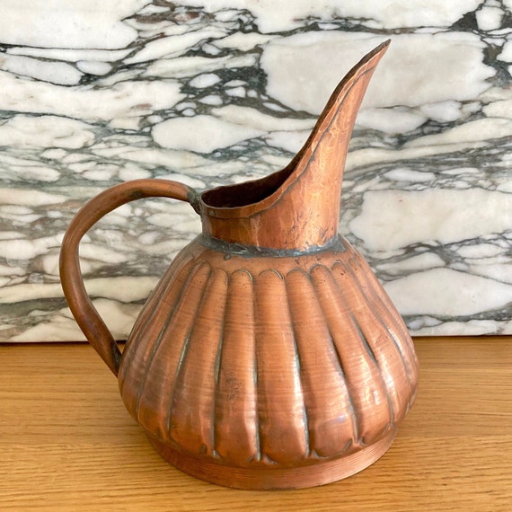 Vintage Hammered Copper Pitcher: Handcrafted Rustic Kitchen Decor