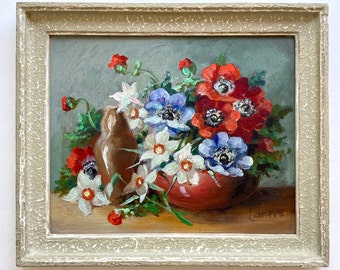 Vintage French Original Oil Painting on Hardboard Signed by Artist, Framed Still Life of Anemones and Narcissus Flowers, Spring Easter