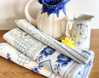 Antique French Hand-Sewn and Hand-Embroidered Tablecloth in Cotton, Blue and White Vintage Needlepoint Tablecloth, Cross-Stitch Tablecloth