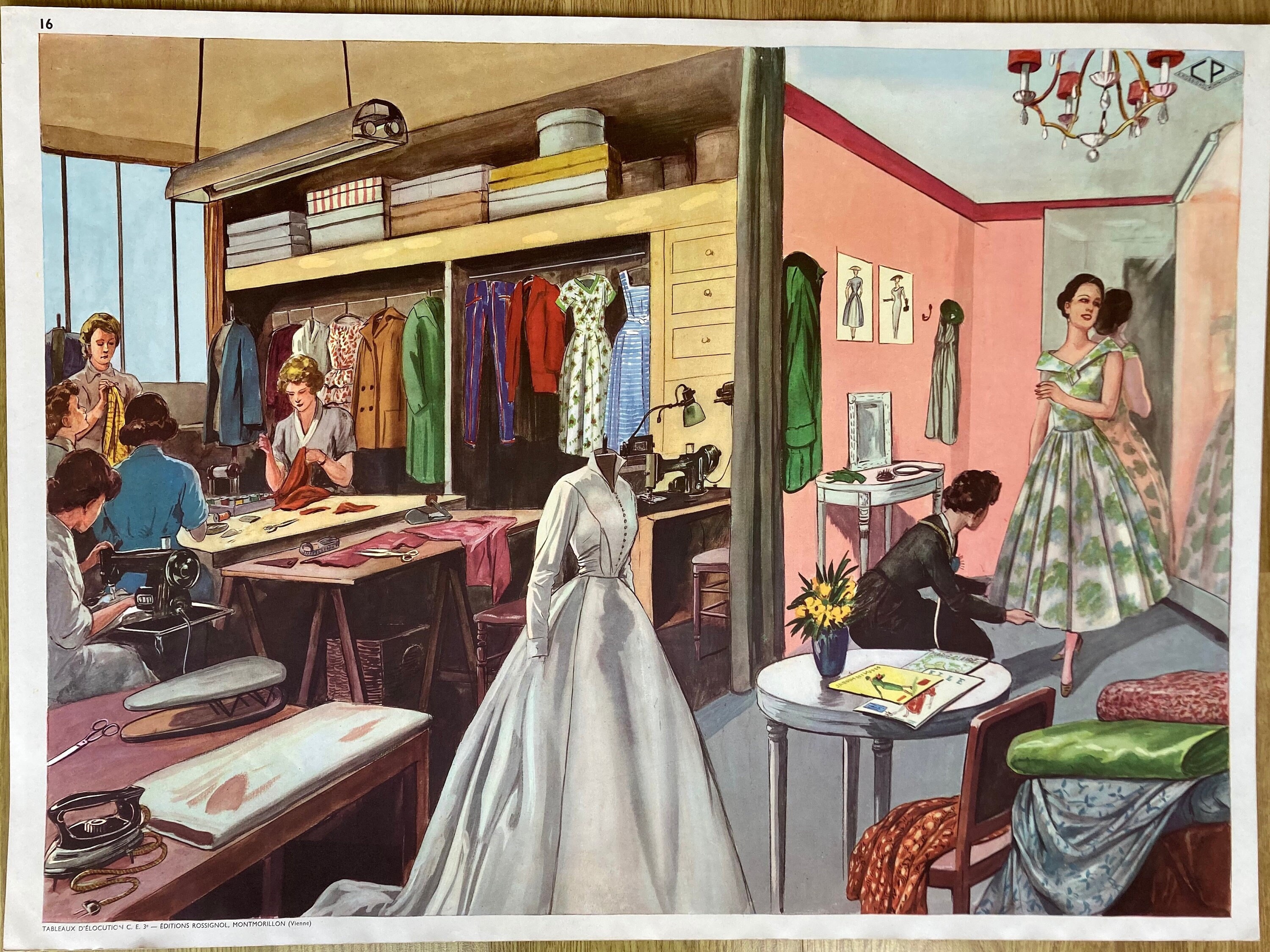 1950年代のフランスの教育学校ポスター（仕立て屋特集、両面印刷