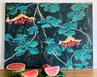 Large Vintage French Original Oil Painting on Stretched Canvas Signed by Artist, Modern Still-Life of Greenery, Lush Green Wall Art