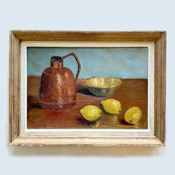 Vintage French Original Oil Painting on Stretched Canvas Signed by Artist, Framed Kitchen Still Life with Lemons and Copper Pitcher