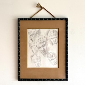 Vintage French Original Pencil Drawing: Framed Artist Sketch of Heads