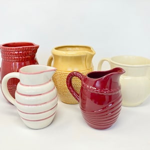 Collection of 5 Vintage French Ceramic Pitchers Jugs, Sarreguemines Poet Laval Saint Clement