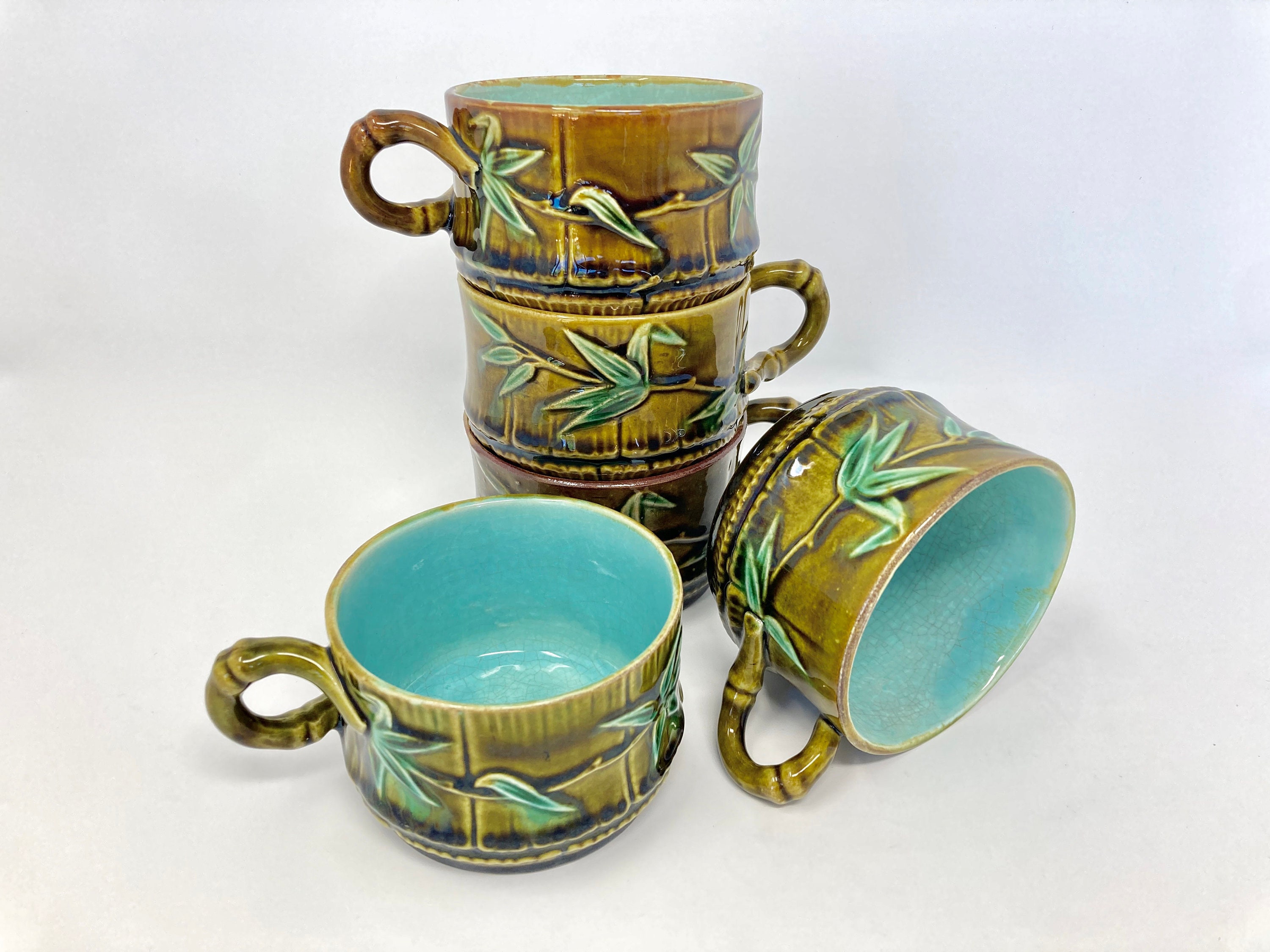 Cinq Tasses à Café Majolica Vintage Style Bambou Français Barbotine