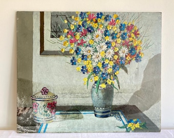 Mid-Century French Original Oil Painting on Hardboard Signed by Artist Charles Naas, Colorful Floral Still-Life