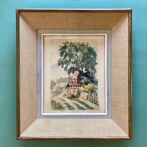 Mid-Century French Original Watercolor Painting Signed by Artist, Vintage Framed Countryside Scenery from Eure, Cottage Style Wall Decor