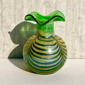 Vintage Czech Green Silver Glass Vase, Bohemian Art Glass, Emerald Green Iridescent Mercury Glass Vase with Flared and Ruffled Rim