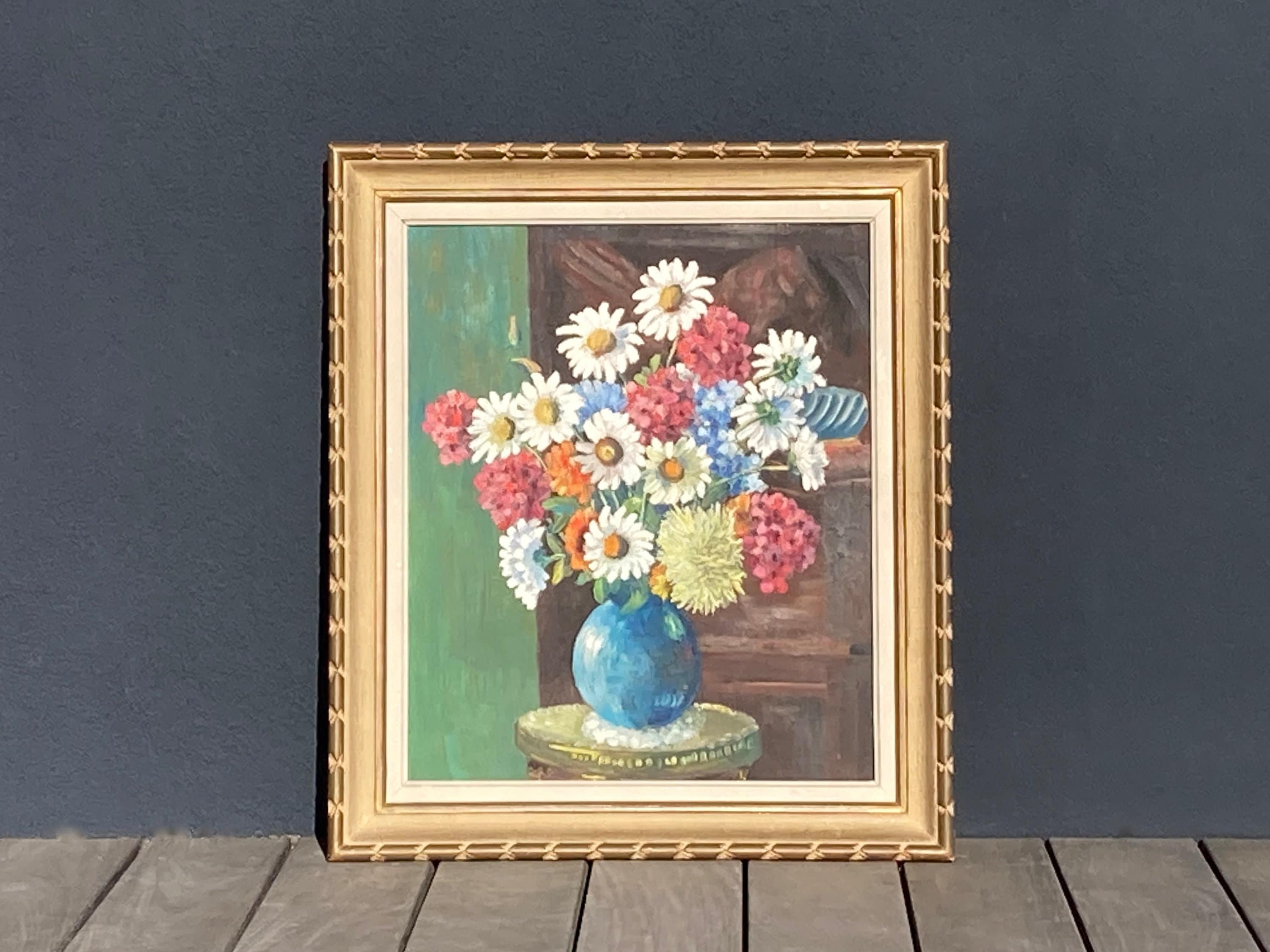 1960年代のヴィンテージフランス製オリジナル油絵、額入りカラフルな花