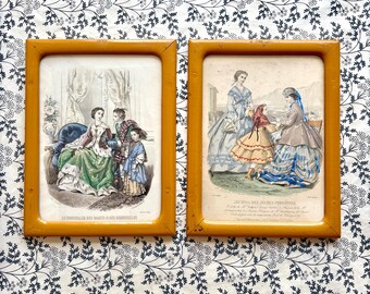 1850年代のアンティークフランスファッションプリント：額装された女性