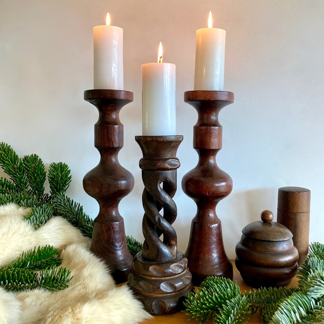 Set of 3 Large Vintage Spanish Handmade Candle Holders in Wood, Carved
