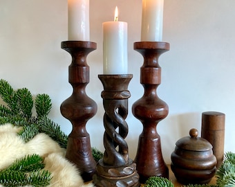 Set of 3 Large Vintage Spanish Handmade Candle Holders in Wood, Carved Candlestick Holders, Rustic Candleholders