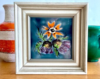 ヴィンテージフランス手描きセラミックタイル：1960年代の額入り花柄