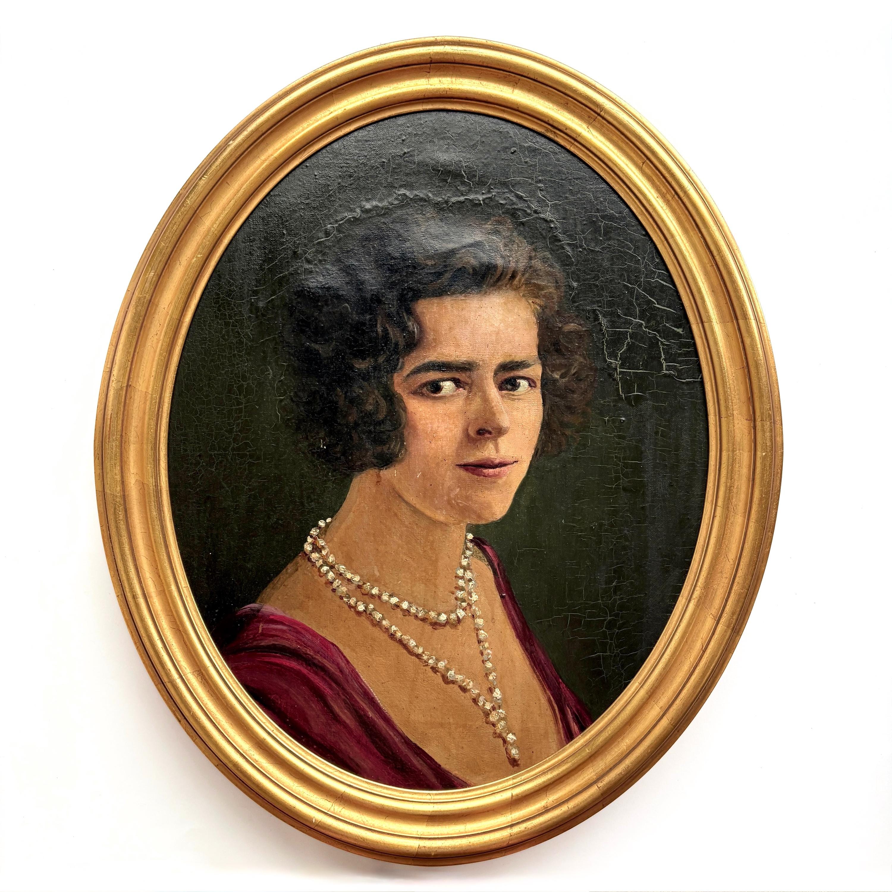 20世紀半ばのフランスの大型肖像画：額入りの真珠の貴婦人のオリジナル 