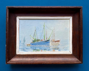 Pintura al óleo original francesa vintage, firmada por el artista, enmarcada, escena náutica con barcos de pesca.