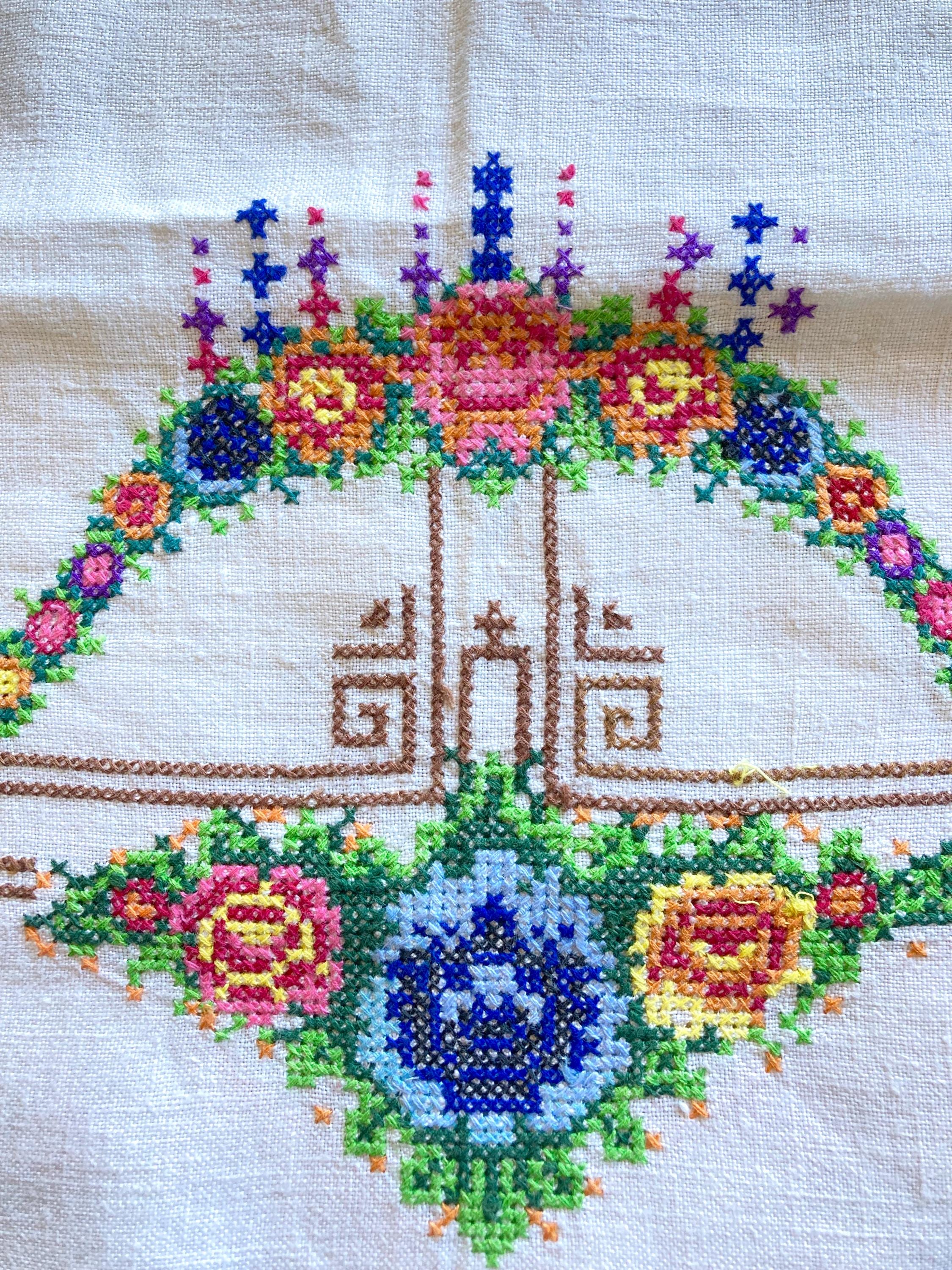 ヴィンテージフランス手刺繍テーブルクロス：カラフルな花柄のクロス