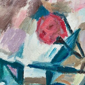 May include: Abstract painting with a pink flower and teal blue shapes. The painting has a textured, brushstroke style.