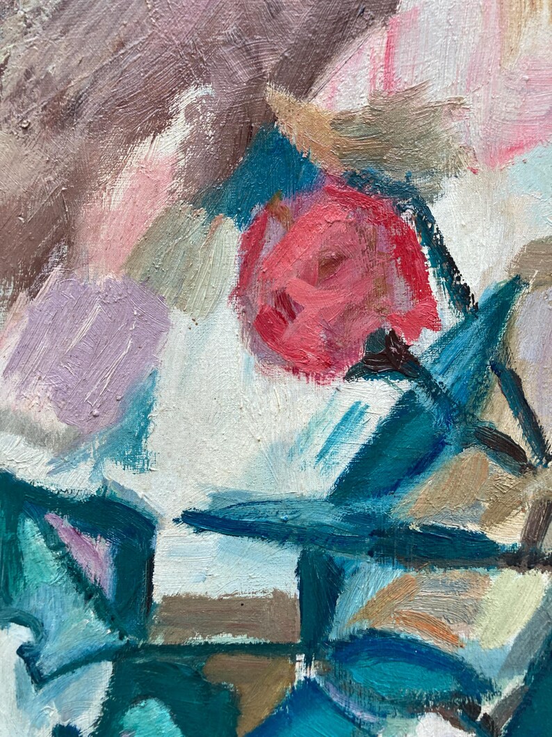 May include: Abstract painting with a pink flower and teal blue shapes. The painting has a textured, brushstroke style.