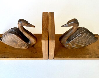 ヴィンテージフランス製手彫り木製ブックエンド：1940年代の白鳥の