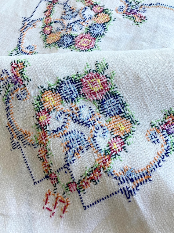 ヴィンテージフランス手刺繍テーブルクロス：カラフルな花柄のクロス