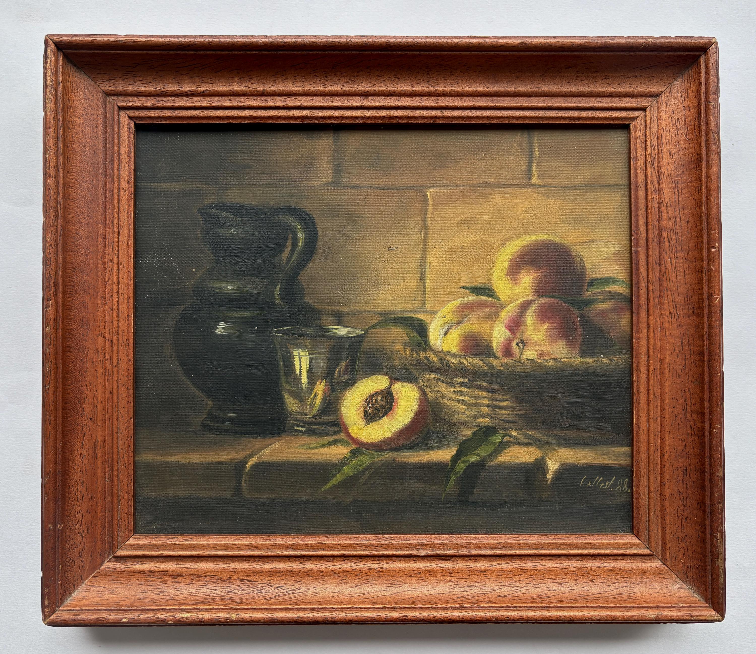 ヴィンテージフランスオリジナル油絵：サイン入り・額入りキッチン静物