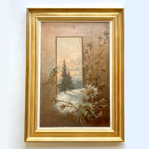 Antico dipinto ad olio originale francese, motivo invernale incorniciato, arte in stile cartolina, fiori invernali e paesaggio invernale, arte della parete invernale fantasy