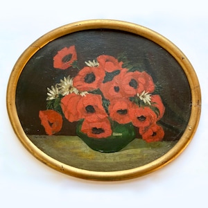 Gran pintura al óleo original alemana antigua firmada por el artista, enmarcada, bodegón floral ovalado de amapolas rojas, pintura floral del siglo XIX