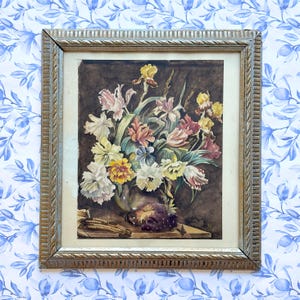 Dipinto originale francese vintage degli anni '50, a matita e acquerello, firmato dall'artista, incorniciato, natura morta floreale colorata, natura morta autunnale di fiori