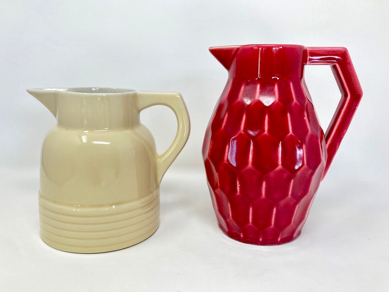 Vintage French Ceramic Pitcher Set: Red Faceted & Cream Colored Kitchen ...