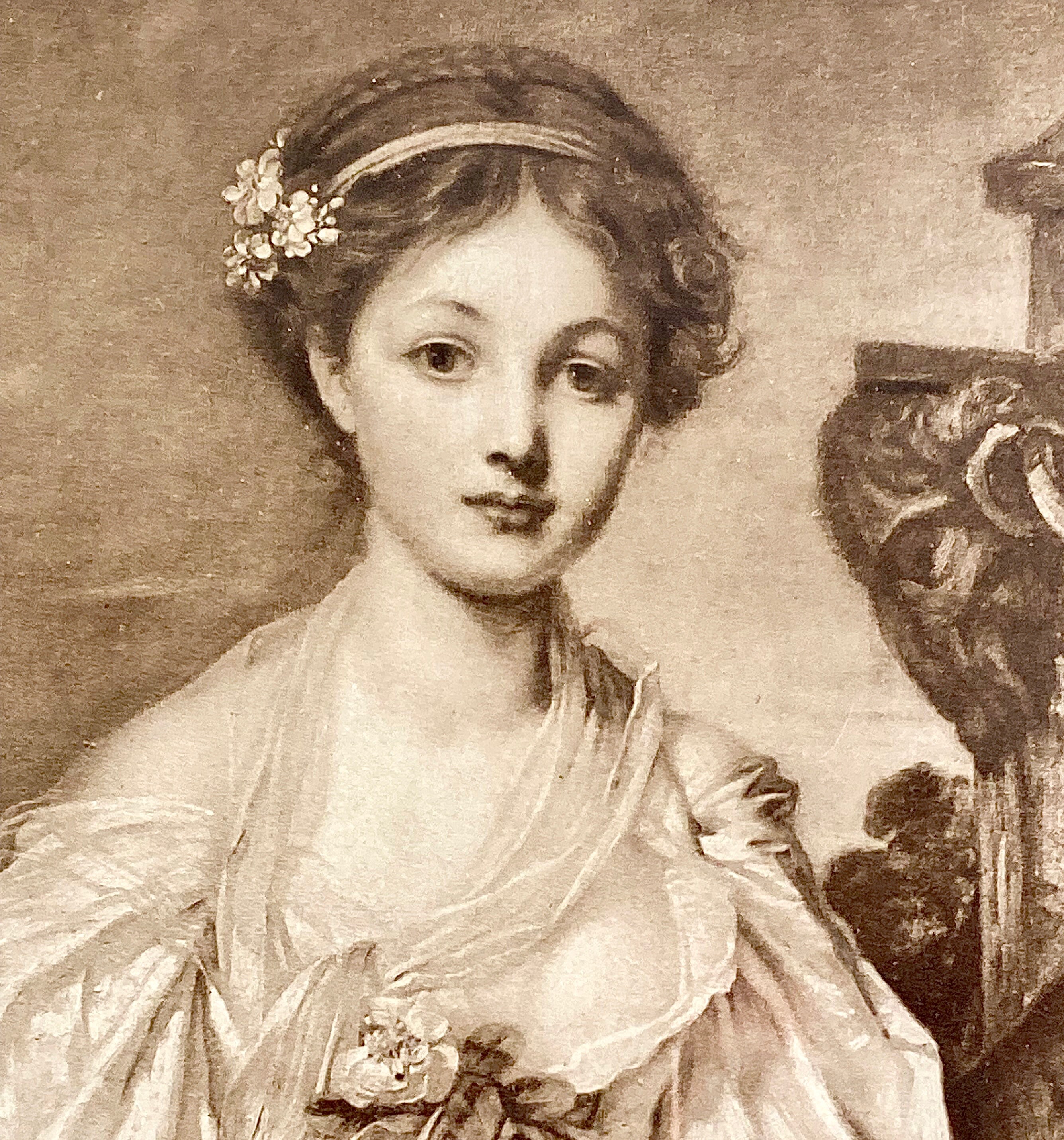 大型アンティークフランス版画：オーク材の額縁に入った少女の肖像画