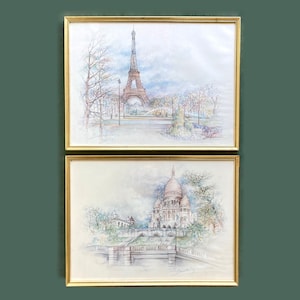 Vintage French Watercolor Prints Signed by Bernadette Voz, Framed Parisian Landmarks, Paris Scenery, Parisian Artwork