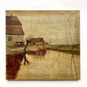 Antique 1920s French Original Oil Painting Signed by Artist, French Countryside Landscape with Lake Dated 1924, Old World Oil Painting
