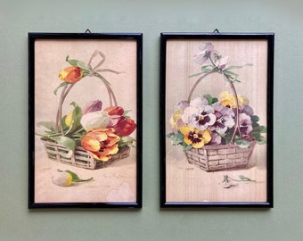 Two Vintage French Framed Flower Prints, 1940s Flower Prints