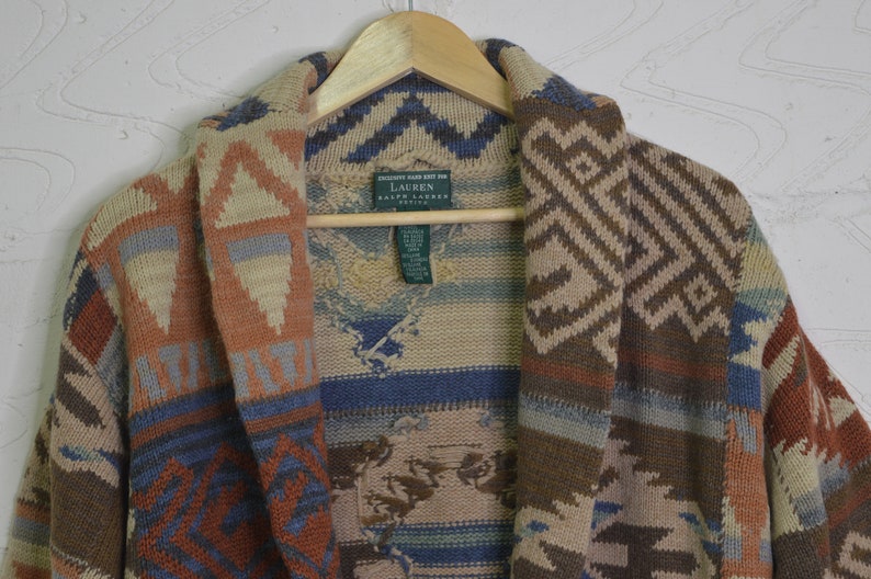 Vintage Lauren Ralph Lauren Hand-knit Navajo wool-alpaca ranch Women cardigan Knitwear without Belt image 3