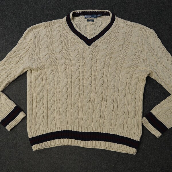 Vintage Polo Ralph Lauren Men's V Neck Cable Knit Cricket / Tennis Knitwear Sweater Jumper