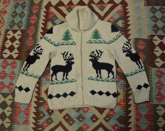 Vintage Men's 1950s-60s Cowichan Reindeer Wool Zipper Cardigan Sweater Size S