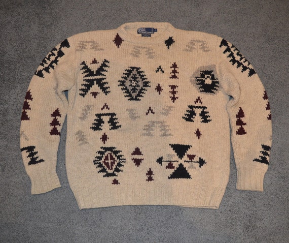 Born2vintageShop Vintage Polo Ralph Lauren Aztec Southwestern Hand Knit Men's Wool Sweater Jumper