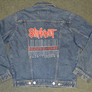 Vintage Upcycled Reworked E Slipknot Logo Print Blue Denim Jean Jacket Size S