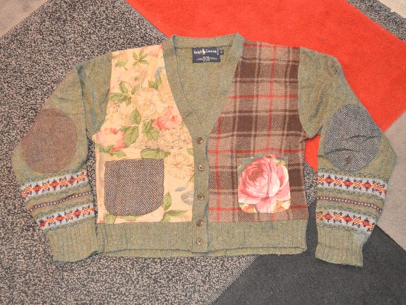 Vintage 80s Ralph Lauren Women Handmade Floral Plaid Wool Cardigan 