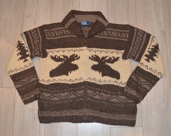 Vintage Polo Ralph Lauren Cowichan Reindeer Shawl Collar Zipper Wool Handknit Knitwear