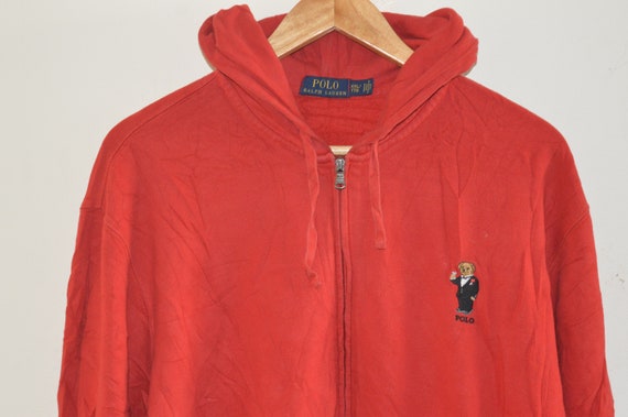 Vintage Polo Ralph Lauren Polo Bear Full Zipper Hoodie Men Red XXL 