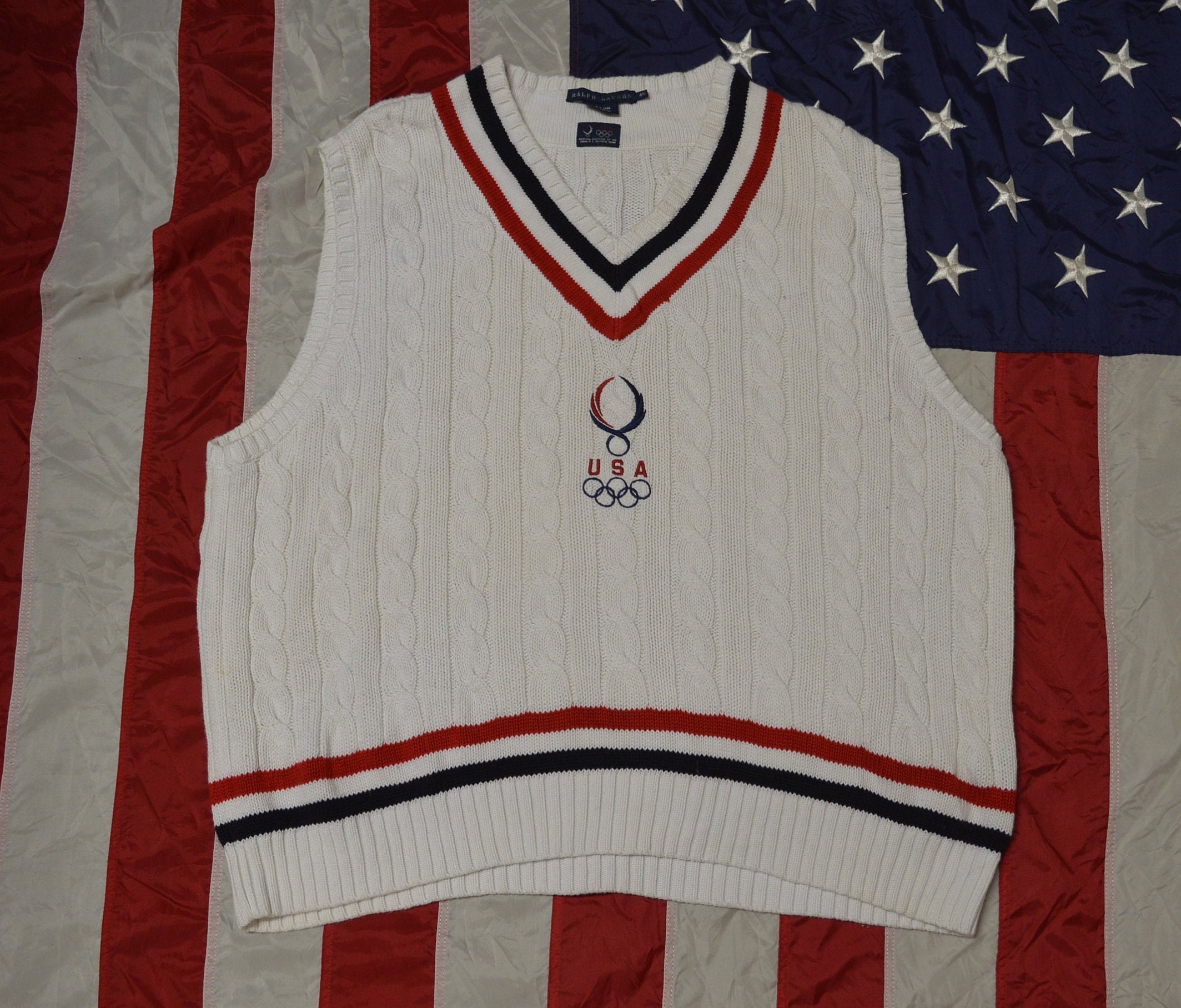 Vintage Polo Ralph Lauren Olympisch kabelgebreid vest Officieel team USA Beijing Games maat 4XL