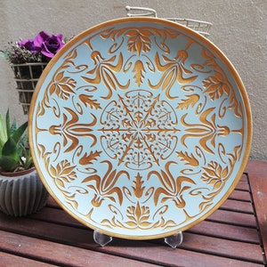 Blue Ceramic Wall Engraved Plate | Decorative Plate | Gold Wall Plate | Wall Art | Unique Work | Natural Pattern | Ceramic Art | Gift Idea