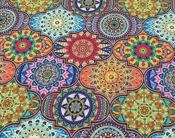 Bohemian Mandala Digital Printed Honeycomb Textured Polyester Fabric – 140 cm Print Area